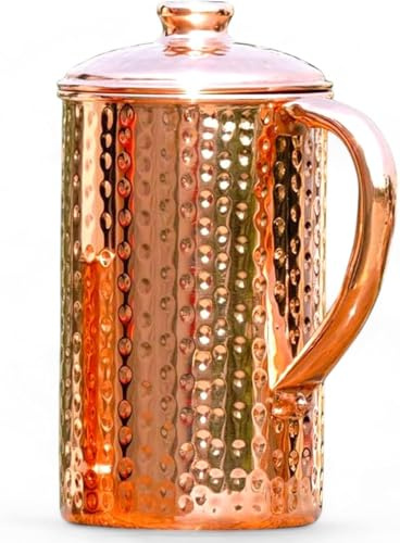 HEALTHANDVEDA™ Pure Copper Hammered Water Jug | Copper Pitcher with Lid for Drinking Water | Traditional Ayurvedic Tamra Jal Vessel for Drinking Water 1.5Lt Capacity