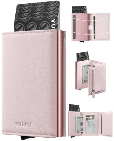 VULKIT Damen Kreditkartenetui aus Leder mit RFID-Schutz, zweifach faltbar, automatisches Pop-up-Kartenfach und Geldscheinfach (Rosa)