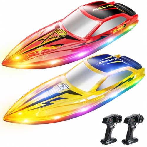 DEERC Pack de 2 lanchas teledirigidas para niños, lancha rápida con Control Remoto, 7 Modos de Luces LED, recuperación antivuelco, Motor de Carreras de 2.4 GHz, Ideal para Piscinas y Lagos.