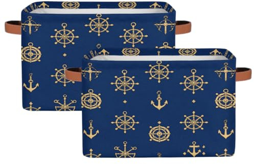 Dusviba Elegante cesto portaoggetti rettangolare con timone marino con manici in pelle, confezione da 2 contenitori pieghevoli in tessuto per armadio, bagno, soggiorno, ufficio, giocattoli