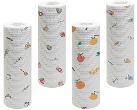 BESPORTBLE Paños de Cocina Desechables y Varios Estilos de Pulpa de Madera y Poliéster 4 Rollos Blancos para Lavar Platos Uso Dual en Seco y Húmedo y Varios Estilos Ideales para Limpieza de Mesas