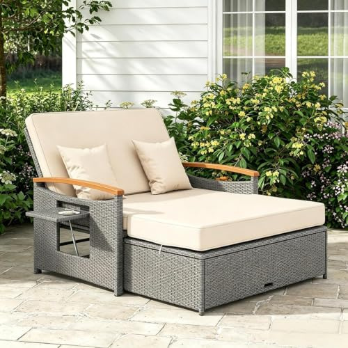 GIANTEX Lounge Möbel Outdoor, Gartensofa mit Liegefunktion, Balkonmöbel Kleiner Balkon, Outdoor Sofa, Rattan Lounge Sofa, Gartenlounge mit Stauraum, Garten Doppelliege 2 Personen, Rattan Daybed Garten