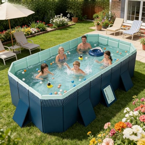 Large Foldable Swimming Pool, Hard Plastic Outdoor Pool for Backyard & Garden, Heavy Duty Non-Inflatable Water Play
