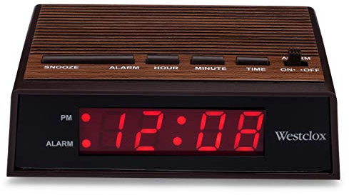 Westclox Retro Wood Style Small Night Table Alarm Clock with Red LED Display, 9-Minute Snooze, Battery Backup, Easy Electric Operation for Bedroom, Home or Office – Woodgrain