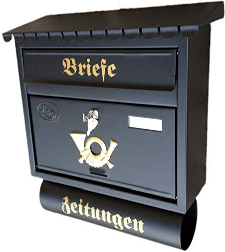 Großer Briefkasten/Postkasten XXL Schwarz matt mit Zeitungsrolle Flachdach Katalogeinwurf Zeitungsfach