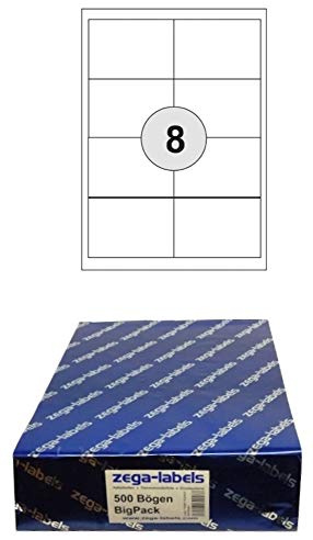 4.000 Etiketten 97 x 67,7 mm selbstklebend auf DIN A4 Bögen (2x4 Etiketten) - 500 Blatt Bigpack - Universell für Laser/Inkjet/Kopierer/Farblaser einsetzbar - 97x67mm 8-teilig