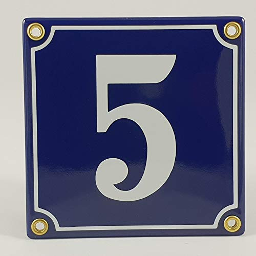 Hausnummer Emaille Schild Nr. 5 Blau-Weiß Handarbeit mit Schrauben und Dübel zur Montage