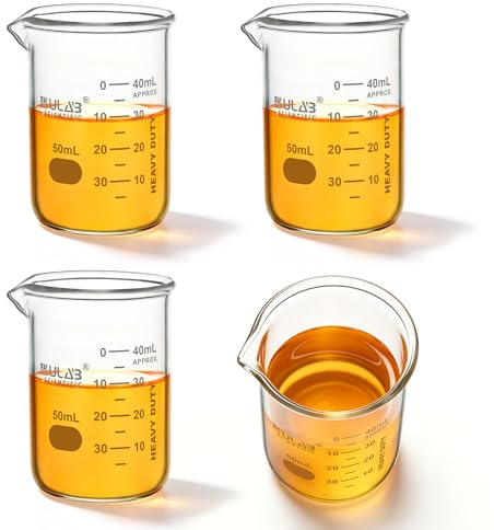 4 Stück Glas Berker 50ml, Borosilikatglas Becher mit Graduierung Becherset für Labor, Küche, Schule, UBG1019