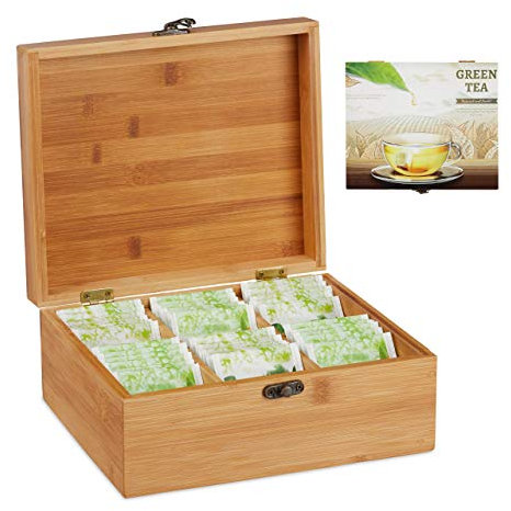 Relaxdays Scatola Porta Tè e Tisane, 72 Bustine, Organizer con Coperchio, Salva-Aroma, HLP 9,5x22x18,5 cm,legno naturale