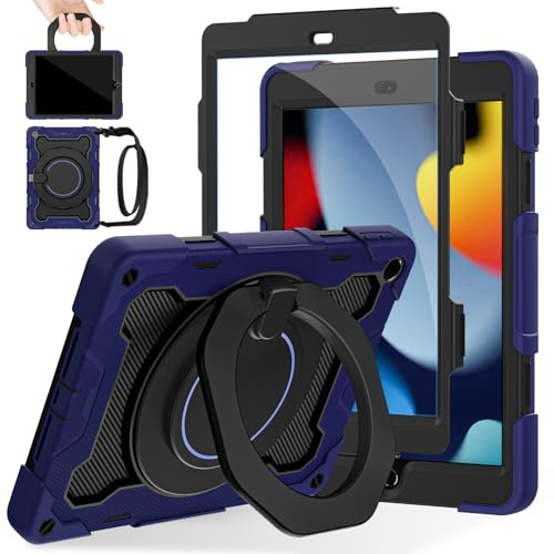 ROISKIN Kids Case for iPad 9th 8th 7th Generation 10.2 Inch 2021/2020/2019 | Heavy Duty Shockproof Cover with Screen Protector & Rotating Stand & Shoulder Strap & Pencil Holder, Navy Blue