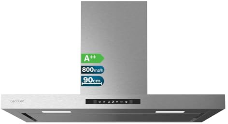 Cecotec Campana Extractora 90 cm Flux TT 908000 Glass Black A++, Clase A, 210W, Fuerza de succión de 800 m³/h, Acabado inoxidable, Control táctil, Hand Movement Control, Delay Funtion, Iluminación LED