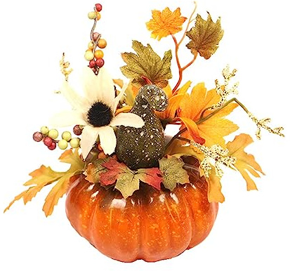 ENLACE Decoración de calabaza, decoración de calabaza artificial, con flor de sol y verde melón curvado, decoración de mesa de calabaza para Halloween, Acción de Gracias, Acción de Gracias, otoño