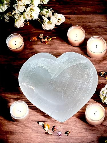 4All Cuenco de cristal de selenita con forma de corazón blanco natural, hecho a mano, carga natural, altar, piedra para meditación curativa, decoración, regalo, 10 cm, corazón