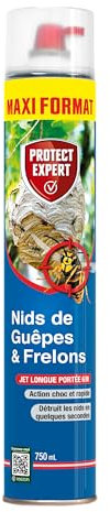 PROTECT EXPERT Aérosol Pour Nid De Guêpes Frelons & Frelons Asiatiques - 750 ML - Mousse - Jet Longue Portée Pulvérisation Jusqu’à 6m - Traitement A Distance - Action Choc & Foudroyante GUEP750