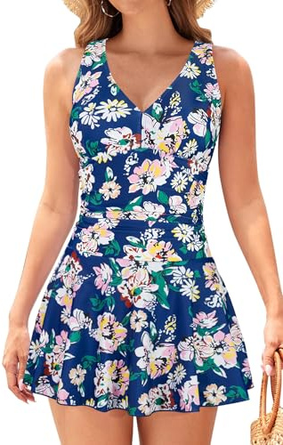 SHEKINI Cuello en V Mujer Bañador con Falda Tirantes Anchos Traje de Baño Elegante Ruched Control Abdomen Tankini Falda de Baño de Una Pieza(XXL, Flor)