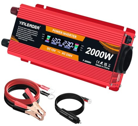 Yinleader Wechselrichter 900W / 2000W 12V 230V Spannungswandler LCD mit 2 USB