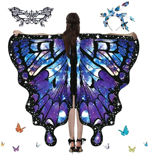 DAZZTIME Cape Papillon Adulte, Ailes Fée Adulte Châle, Déguisement Papillon Polyester, pour Costume Carnaval Danse Cosplay Fête Ciel Étoilé Blanc/Violet
