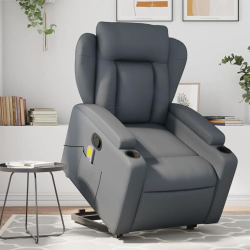 Homgoday Massagesessel mit Aufstehhilfe, Relaxsessel, Aufstehsessel Fernsehsessel mit Liegefunktion Ruhesessel TV Sessel Liegesessel Sessel, für Wohnzimmer Grau Kunstleder