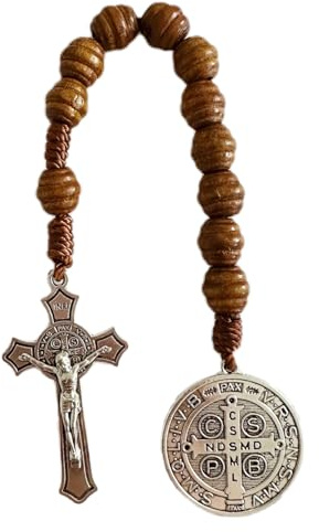 Heiliger Benedikt-Medaille, Gebetstasche, Rosenkranz, katholische braune Holzperlen mit Medalla de San Benitol und Kruzifix, 22,9 cm (Silber)