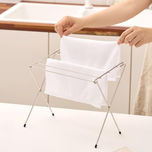 WAGENSTEIGER Stainless Steel Dishcloth & Towel Drying Rack for Kitchen Countertop, 6 Arms, Foldable Compact Design with Non-Slip Rubber Caps, Minimalist Storage, 11.02 in x 7.48 in x 10.63 in