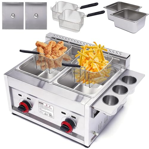 SAIYERUS Friteuse À Gaz Professionnelle, Friteuse Au Propane/friteuse À Gaz GPL, avec Panier Frit et Couvercle, pour La Cuisine de Restaurant, La Cuisine À Domicile, Frites de Poulet Frit, 10L+10L