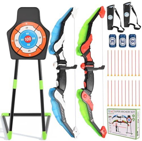 Niest Lot de 2 flèches et arcs pour enfants avec lumières LED, kit de tir à l'arc avec 10 flèches avec ventouses, étui pour flèches et cible verticale pour garçons et filles de 3 à 12 ans