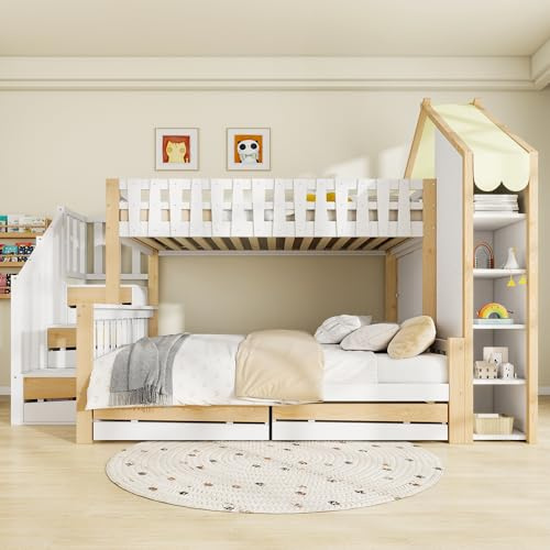 Letto a castello 90 x 200 cm + 140 x 200 cm, lettino con rete per letto, battiscopa, scala, 2 cassetti, recinzione irregolare, senza materasso (con ripiano per scale)