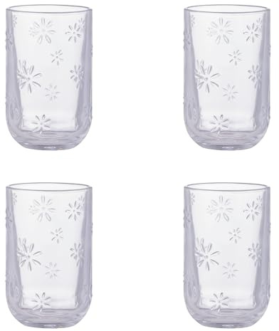 Ravenhead Juego de 4 vasos de cristal de 450 ml, vaso reciclado con diseño de margaritas en relieve, apto para lavavajillas, vaso de jugo y cóctel, elegante cristalería diaria