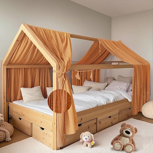 FloraVigo Hausbett Himmel mit Gold Applikation 2 Stück, handgefertigt aus 100% Baumwoll-Musselin, Stoffhimmel zur Hausbettdekoration, für Mädchen und Jungen (Senfgelb, 2er Set 65 x 270 cm)