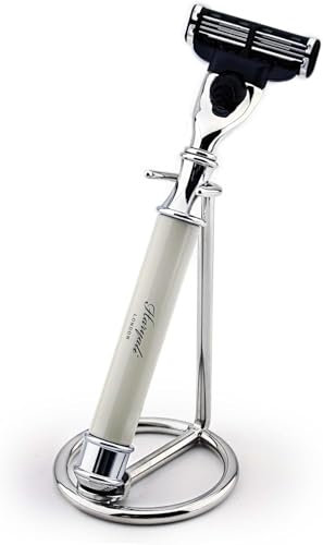 Veredelt Shaving Rasierer in Farbe ivory elfenbein & Edelstahl Rasierer Ständer Combo – Klassikern für die modernen Gentleman