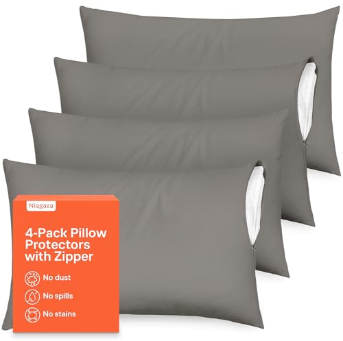 Ultra Soft Pillow Protectors with Zipper Queen Size - Set of 4 Breathable Pillow Covers - 100% Protection Against Stains, Dust & Dirt - Machine Washable (Gray)