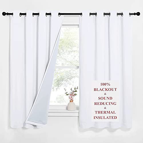 NICETOWN Sound Blocking White 100% Blackout Lined Curtains, 3 Thick Layers Completely Blackout Noise Control Window Treatment Insulated Drapes for Bedroom (2 Panels, 52 Width x 63 Length Each Panel)