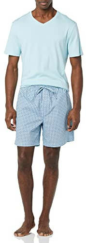Amazon Essentials Pigiama Corto in Popeline di Cotone Uomo, Blu Chiaro Stampa Disegni Geometrici, S