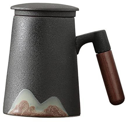 Tubayia Taza de café con asa, tapa con filtro de porcelana, taza de té para café, restaurante, oficina, casa, cocina (negro)