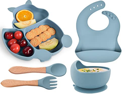 Hoseay Baby Geschirrset Silikon 5 Stücke Rutschfest Kindergeschirr Set Kinderteller mit Saugnapf Schüssel Lätzchen Löffel Gabel Abwaschbar BPA Freie Baby Essen Set für Kleinkinder Jungen, Blau