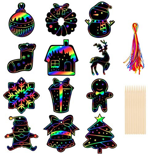 Kiiwah 36 Stück Weihnachten Kratzbilder für Kinder, Weihnachten Kratzpapier Regenbogen Scratch Art mit 36 Bändern und 12 Holzstiften für Kinder Basteln, Weihnachtsan Geschenkan, Weihnachtsbaumschmuck