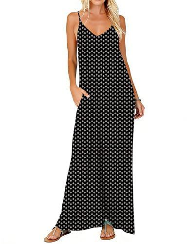 Poetsky Summer Dresses for Women Casual V Neck Spaghetti Strap Long Dresses Black Print M