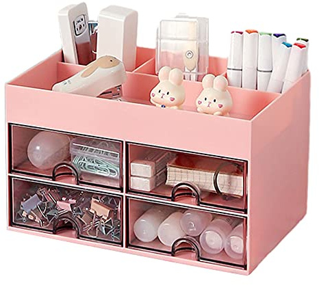 Organiseur de bureau, jolie boîte de rangement de maquillage avec 4 tiroirs et 4 compartiments, organiseur de bureau pour la maison, le bureau et l'école (rose)