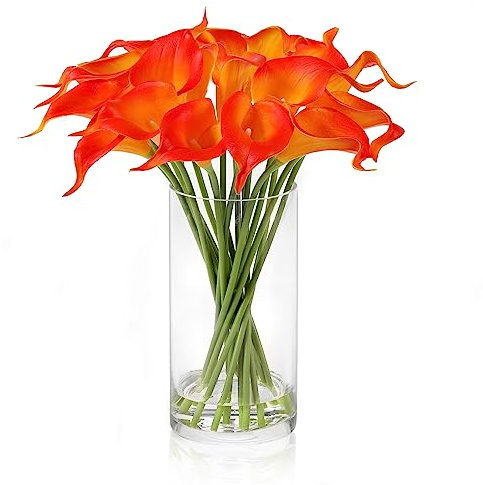 JOJOWOO Real Touch Calla Lily Künstliche Blumen in Vase, Faux Blumenarrangements mit Vase und künstlichem Wasser für Wohnkultur Esstisch (Orange)