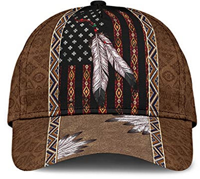 501 Baseball Cap Native American Us Flag Native Feather Vinatge Boho Indigene Geschenkidee Braun Unisex Baseball Kappe Mütze Vintage Verstellbar Outdoor Hut Für Kletter Tennis