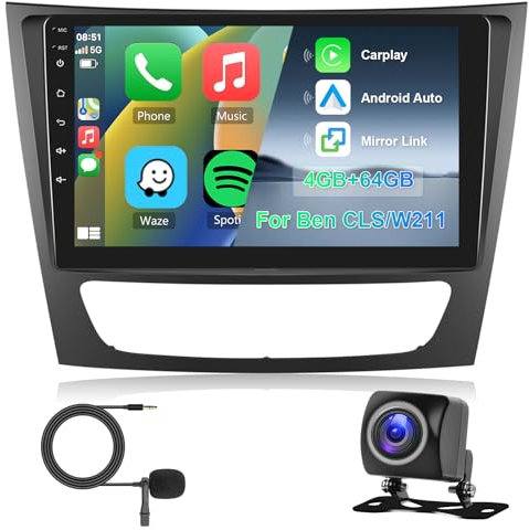 Hodozzy Autoradio 4G+64G für Mercedes-Benz E-Klasse W211/CLS-Klasse 2005-2008 Android 8 Core 9 Zoll IPS Bildschirm GPS Navi Wireless Carplay Android Auto, Radio 2 Din Bluetooth DSP WiFi FM RDS Kamera