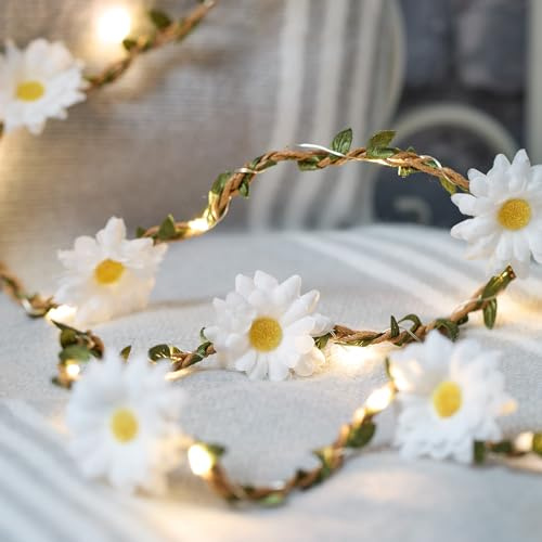 Lights4fun 20 Micro Warm White LED Daisy String Fairy Light Garland Battery Operated Spring Decoration Indoor Use with Timer