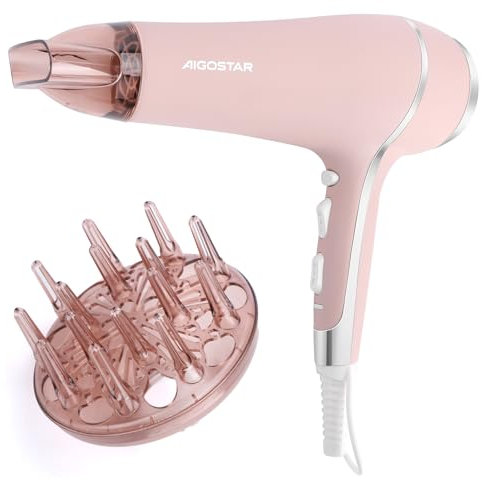 Aigostar Seche Cheveux professionnel 2400W, Seche Cheveux Ionique, Version Rose Mat avec Diffuseur et Buses de Concentré, 2 Vitesses et 3 Températures - Lora