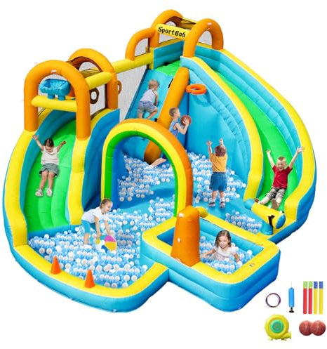 SportBob Hüpfburg mit Gebläse und Wasserrutsche, Hüpfburg Kinder für Indoor & Outdoor, Groß Wasser hüpfburgen wasserpark Kinder Outdoor mit Doppelrutsche, Regenbogentor, Wasserkanonen