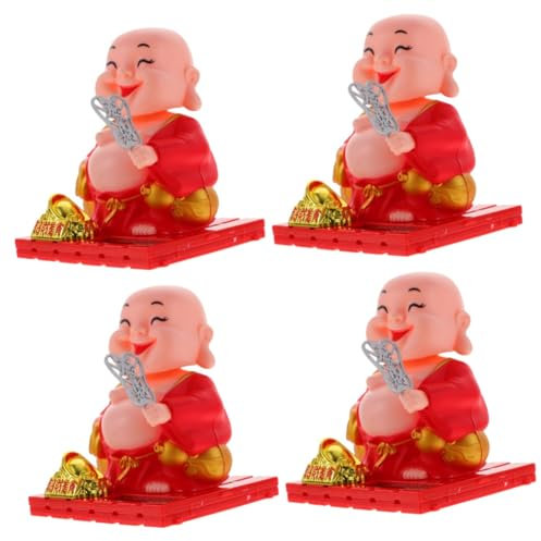 Garneck 4 Stück Bürodekoration Solarauto Auto Armaturenbrett Dekoration Auto Dekoration Chinesische Dekorationen Buddha Mönch Statuen Miniaturfiguren Auto Wackelkopf