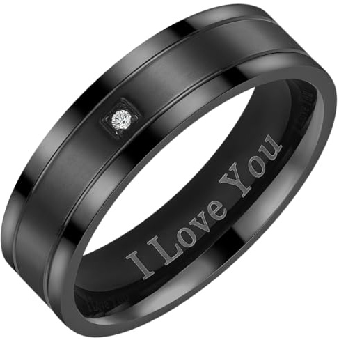 Willis Judd I Love You Mens Ring In Wooden Gift Box 7mm Black Titanium Ring for Men Wedding Band Ring Mens Engagement Ring Groove Promise Ring Comfort Fit Size T