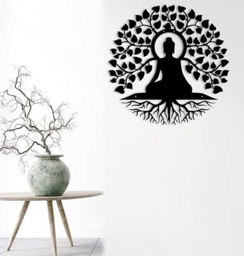 Metall Baum des Lebens Wanddekoration, Buddha Figur Groß, Lebensbaum Wanddeko Metall-Mandala-Wandkunst-Dekor, Yoga-Studio-Skulptur Wohnzimmer Wanddeko Wandkunst Schlafzimmer 40cm