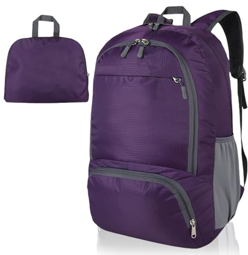 FENGZIZH Zaino da viaggio pieghevole leggero, zaino impermeabile da 30 l, per uomini e donne, zaino durevole per escursioni, campeggio e avventure all'aria aperta, Viola, L
