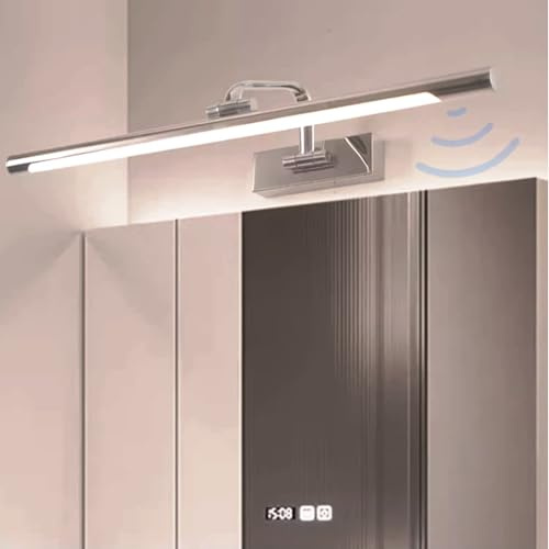 LED Spiegelleuchte Badezimmer mit Bewegungsmelder Wasserdicht Wandbeleuchtung 180° Drehbar Modern Wandleuchten Bilderleuchte Wandleuchte für Keller Küche Badschrank (Silbernes Weißes Licht,80cm)