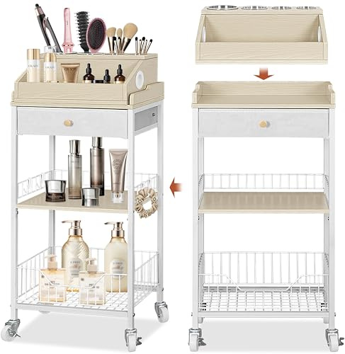 NauwaBarn Makeup Organizer Cart with Removable Cosmetic Display Case, Large Makeup Cart with Drawer and 4 SS Tool Cups, 2-in-1 Vanity Organizer for Skincare Perfume Nail Polish Brush, White & Natural